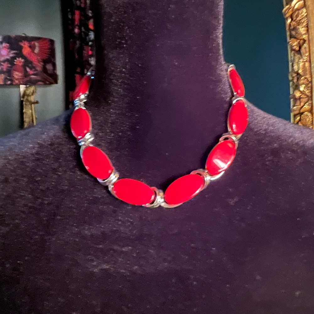 Vintage Silver Tone Red Lucite Collar Necklace